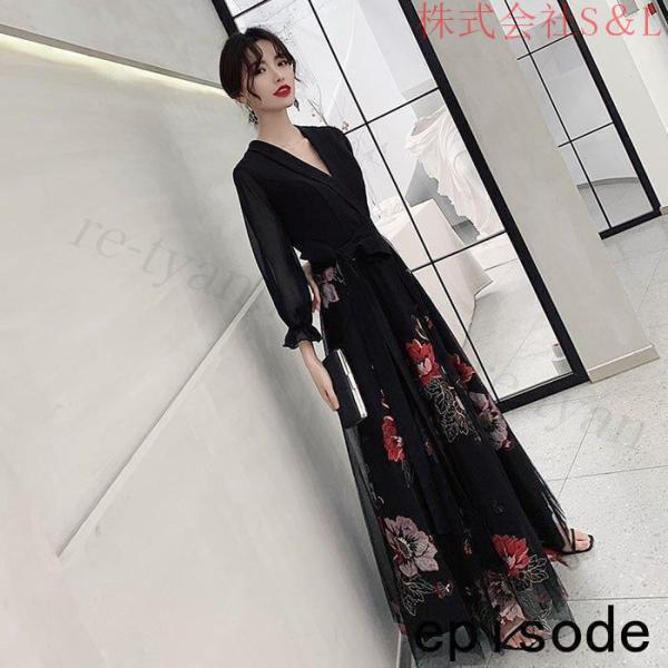 お呼ばれドレスパーティードレスイブニングドレスロングドレス20代30代40代袖あり大きいサイズお呼ばれS＆L着痩せ花嫁発表会卒業会二次会フォーマル花柄 お呼ばれドレスパーティードレスイブニングドレスロングドレス20代30代