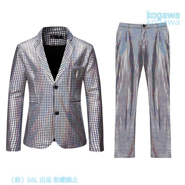 メンズスーツ2ピースラグジュアリーシャイニーラペルゴールドシルバーカジュアルビジネスウエディングスリムフィットメンズスーツ