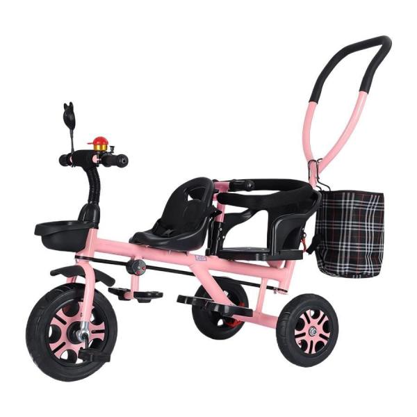 二人乗り三輪車 ベビーカー 双子用 子供用 自転車 補助棒付き 安全で便利 耐荷重約100kg 補助ポールと収納バスケット 両点安全ベルトが付属 補助棒取り外す可能_1