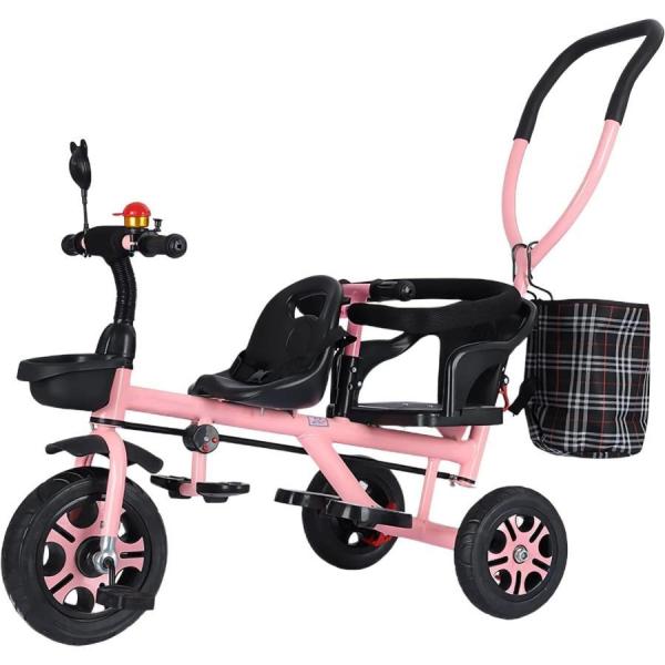 二人乗り三輪車 ベビーカー 双子用 子供用 自転車 補助棒付き 安全で便利 耐荷重約100kg 補助ポールと収納バスケット 両点安全ベルトが付属 補助棒取り外す可能_12