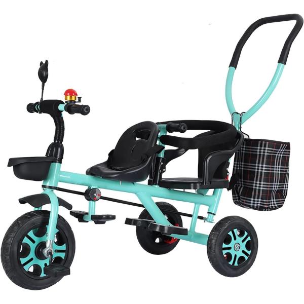 二人乗り三輪車 ベビーカー 双子用 子供用 自転車 補助棒付き 安全で便利 耐荷重約100kg 補助ポールと収納バスケット 両点安全ベルトが付属 補助棒取り外す可能_3