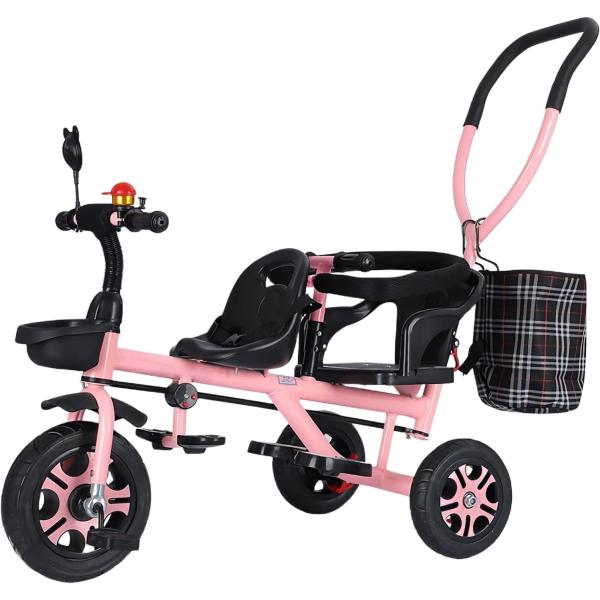 二人乗り三輪車 ベビーカー 双子用 子供用 自転車 補助棒付き 安全で便利 耐荷重約100kg 補助ポールと収納バスケット 両点安全ベルトが付属 補助棒取り外す可能_4