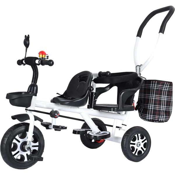 二人乗り三輪車 ベビーカー 双子用 子供用 自転車 補助棒付き 安全で便利 耐荷重約100kg 補助ポールと収納バスケット 両点安全ベルトが付属 補助棒取り外す可能_5