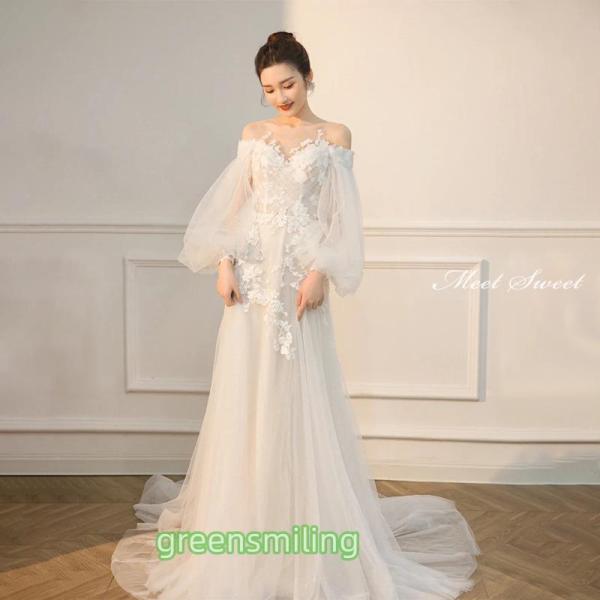 ウェディングドレス ウエディングドレス 二次会 結婚式 前撮り ブライダル ロングドレス 花嫁 スレンダードレス スレンダーラインドレス 長袖 オフショルダー_1