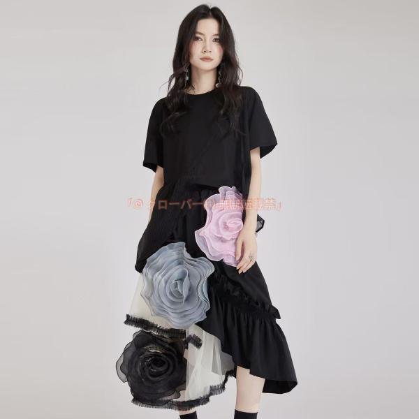 フラワーモチーフ フレアスカート ラッフル フラワー チュールスカート 花柄 フラワー ウエストゴム ロングスカート フレアスカート ウエストゴム ロ