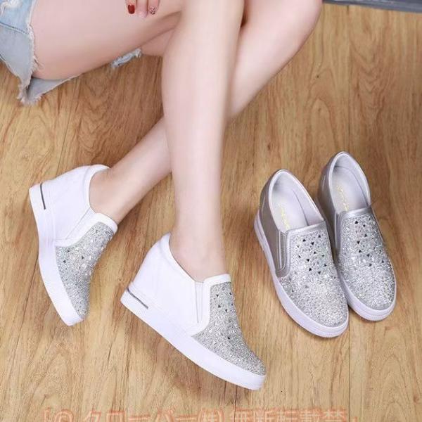 インヒールスニーカー ヒール7cm キラキラ スリッポン ゴムソール PU 厚底 白い靴 小さいサイズ 大きいサイズ ローカット ローファー