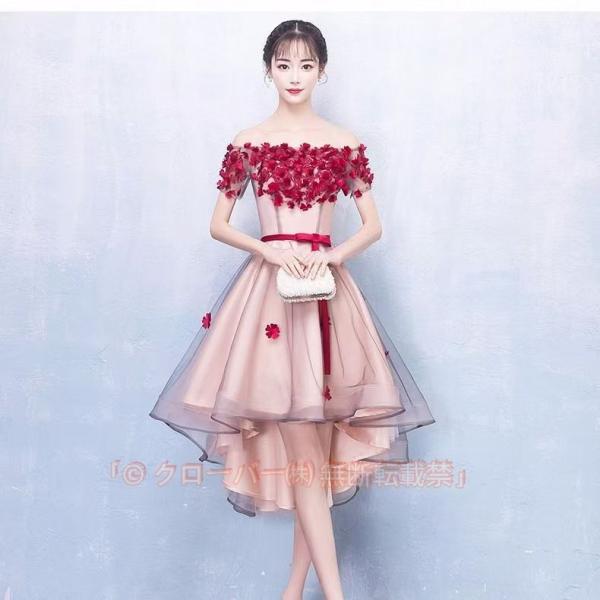 パーティードレス 花柄 ミニドレス フィッシュテール ウエストリボン aライン 大きいサイズ 3L オフショルダー チュール 肌見せ お呼ばれ 結婚式