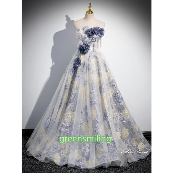 カラードレス 2Way ロングドレス パーティードレス イー 花柄 青 ウェディングドレス ウエディングドレス 結婚式 二次会 花嫁 前撮り 演奏会 発表会 カラードレス 2Way ロングドレス パーティードレス イー 花柄 青