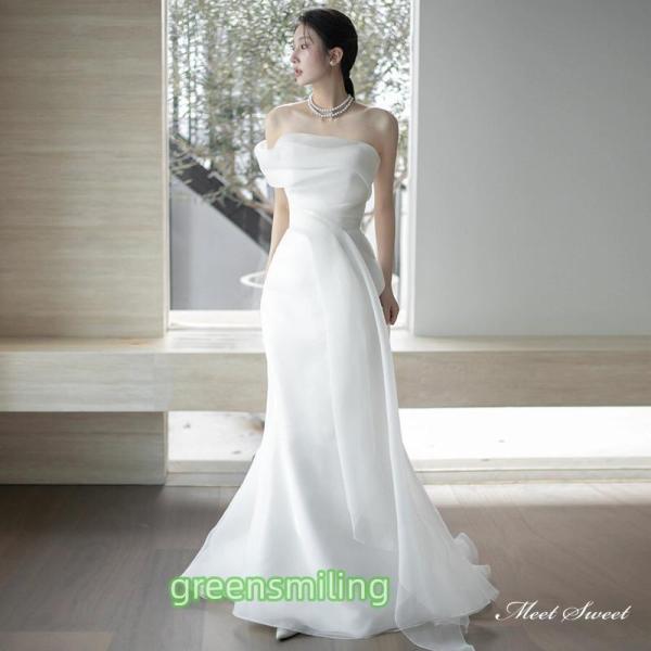ウェディングドレス ロングドレス マーメイドライン オフショルダー 二次会 結婚式 前撮り 花嫁 ウエディングドレス サテン 挙式 韓国風 ブライダル_1