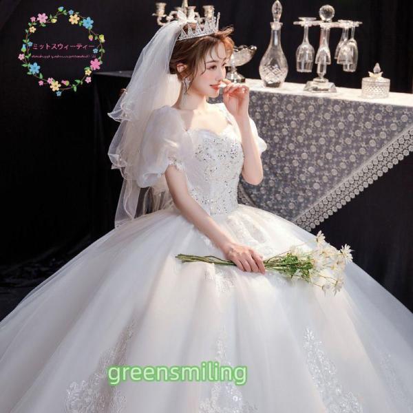 ウエディングドレス 結婚式 花嫁 9XL 大きいサイズ 二次会 プリンセスライン ホワイト パフスリーブ ウェディングドレス ロングドレス 白 披露宴 安い 編み上げ_2