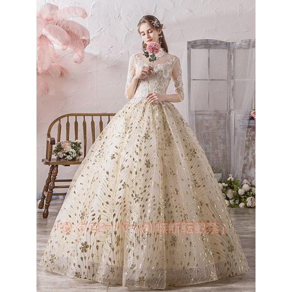 ウエディングドレス ロングカラードレス 二次会 プリンセスライン 大きいサイズ 結婚式 演奏会 ウェディングドレス ゴールド プロムドレス 花嫁 ロングドレス