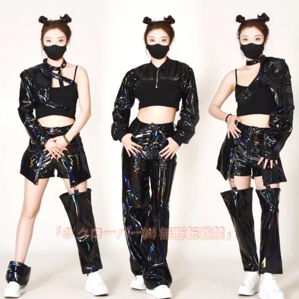 大人 韓国 ダンス衣装 セットアップ ヒップホップ ダンス衣装 レディース 黒 フェイク レザー パンツ キッズ 女の子 ジャズダンス衣装 上下セット k-pop アイド