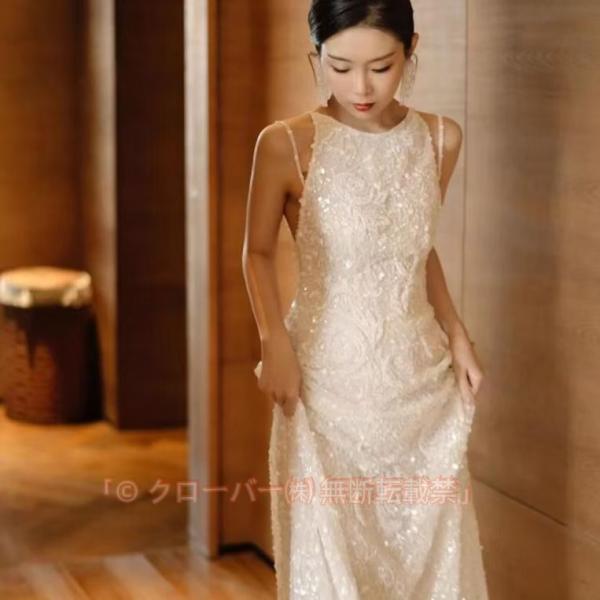 イブニングドレス ノースリーブ ホルターネック ロングドレス 白 スパンコール キラキラ キレイめ 発表会ドレス ホワイト 演奏会ドレス パーティードレス 結婚式