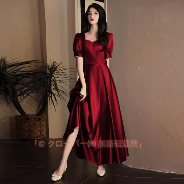 パーティードレス 赤 ピアノ発表会 ドレス 大人 イブニングドレス 半袖 マキシ丈 演奏会 ドレス ワンピース レディース 女の子 中学生 高校生 レッド 赤 ピアノ