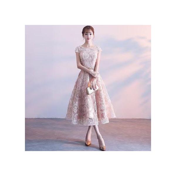 エレガント パーティードレス Aライン ミモレ丈ドレス 袖あり ミディアム丈ドレス 司会ドレス 結婚式 二次会 披露宴 ナイトドレス