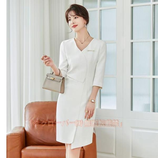 受付 制服 ワンピース レディース 夏 事務服 オフィス エステサロン ユニフォーム フォーマル vネック 膝丈 着痩せ キレイめ おしゃれ 無地 ビ