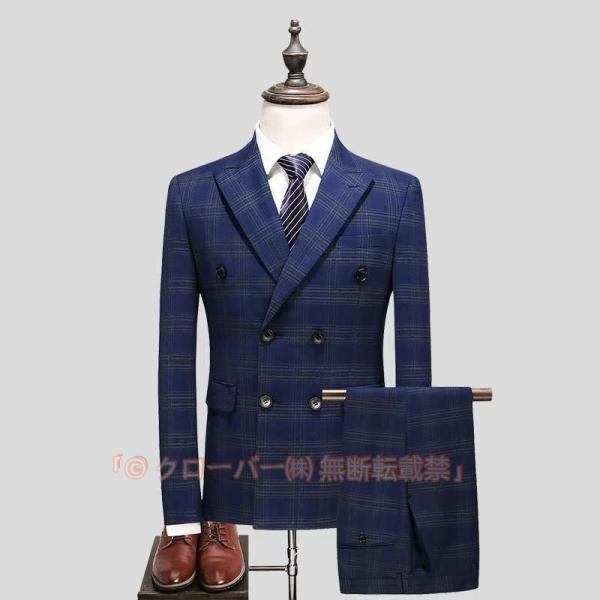 ダブルスーツ メンズ チェック柄 3ピーススーツ スリーピース スリーピー スーツ ビジネススーツ セットアップ 6つボタン 結婚式 秋夏