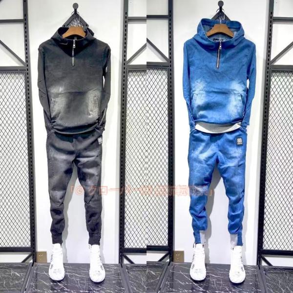 カットデニム セットアップ ジップパーカー 春夏 メンズ 長袖 長ズボン ジョガーパンツ 上下セット 伸縮 メンズ レディース OK プレゼント スウ