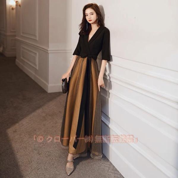 おしゃれパーティードレス フォーマルドレス カジュアルドレス ロング Aライン 細身 スリム 袖あり Vネック ウエストリボン レース シック