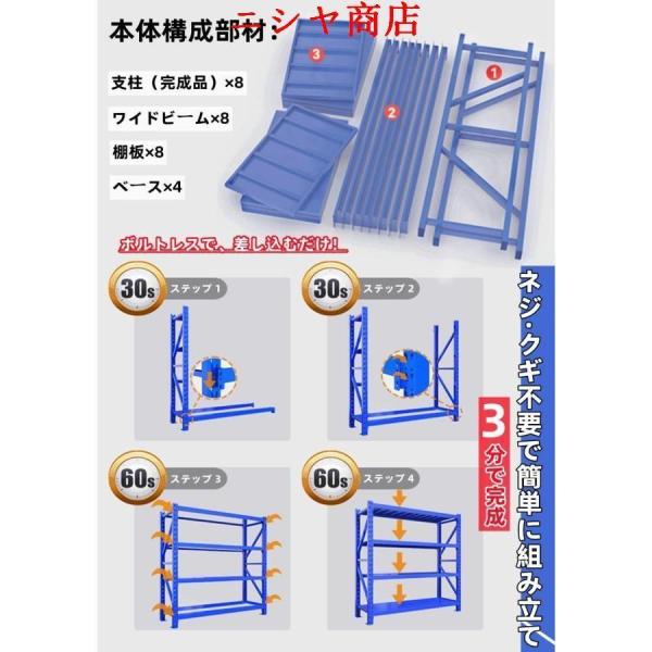 スチールラック 業務用 倉庫収納ラック 4段 メタルラック 耐荷重500KG 収納 棚 ラック 組立簡単 高さ調節可能 連結可能 オープンシェルフ 物置 作業台 (ブルー_4