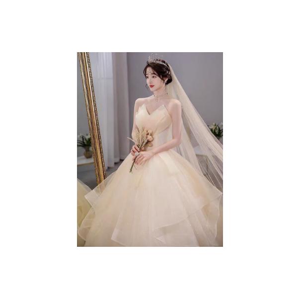 ウェディングドレス オフショルダー ビスチェドレス Aラインドレス チュール 花嫁ドレス 結婚式ドレス 海外挙式 二次会ドレス Vネック キレイめ