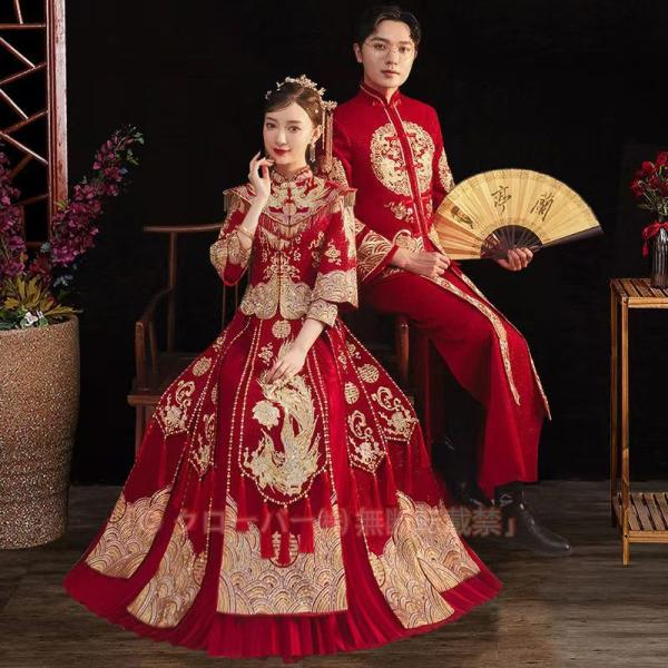 中華服 中国伝統古典ウエディングドレス 中華 結婚式 披露宴 新郎 新婦 衣裳 中華ファッション メンズ レディース 長袖チャイナ服 上下2点セットアップ 金色な刺