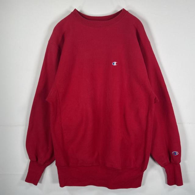 USA古着 90s/90年代 ヴィンテージ チャンピオン Champion 長袖 スウェット リバースウィーブ ワンポイント 刺繍 USA製 XL レッド 無地