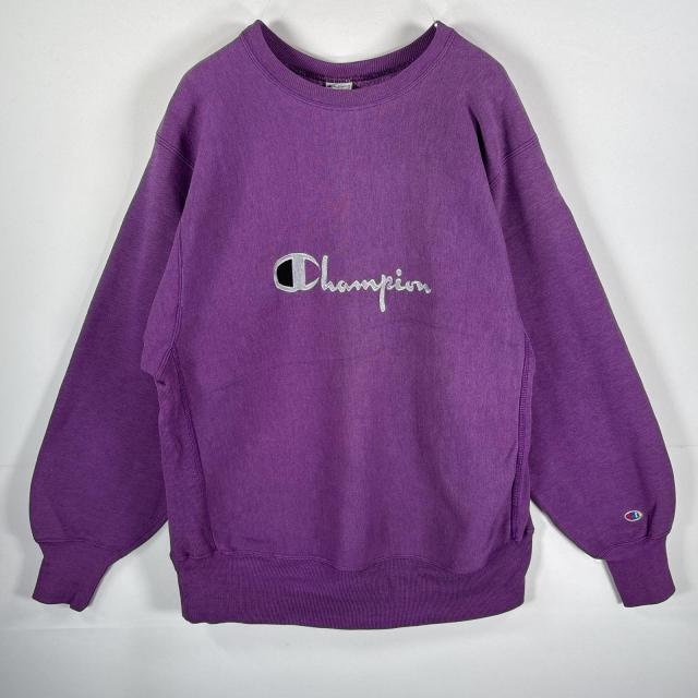 古着 90s/90年代 チャンピオン Champion USA製 スウェット リバースウィーブ 刺繍プリント クルーネック 厚手 L  パープル メンズ