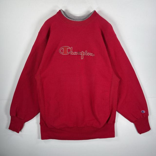 古着 90s/90年代 チャンピオン Champion USA製 スウェット リバースウィーブ 刺繍プリント 首二重リブ XL  レッド メンズ