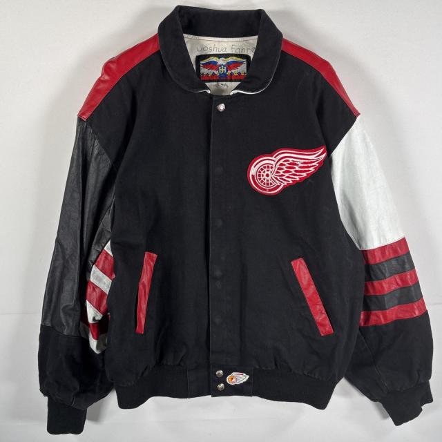 古着  JH USA製 スタジャン アームレザー NHL レッドウィングス ビッグワッペン M ブラック ホワイト レッド メンズ