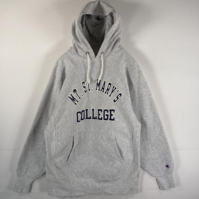 古着 90s/90年代 チャンピオン Champion USA製 パーカー リバースウィーブ カレッジ ラバープリント 2段プリント XL  グレー メンズ