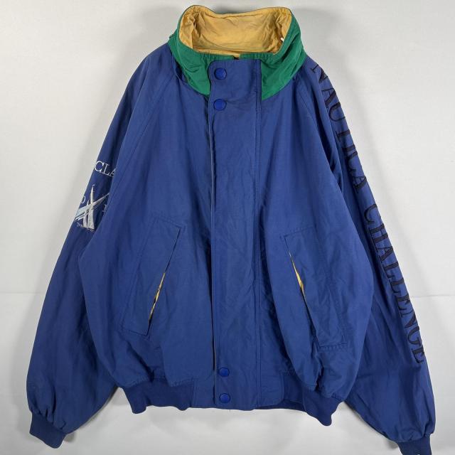 古着 90s/90年代 ノーティカ NAUTICA セーリングジャケット ワンポイントロゴ刺繍 大きいサイズ 収納フード XXL  ブルー系 メンズ