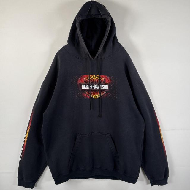古着 ハーレーダビッドソン HARLEY DAVIDSON パーカー ビッグロゴプリント 袖ロゴ 大きいサイズ マフポケット XL ブラック メンズ