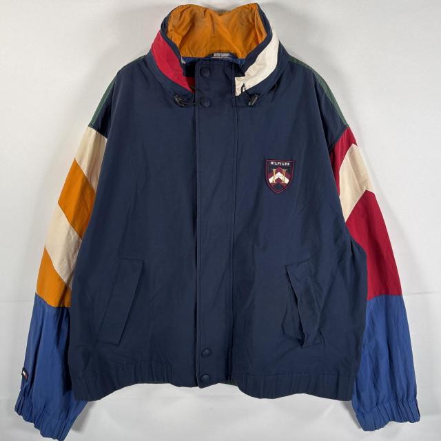 古着 90s/90年代 トミーヒルフィガー   ナイロンジャケット 大きいサイズ ロゴワッペン XL  ネイビー マルチカラー メンズ