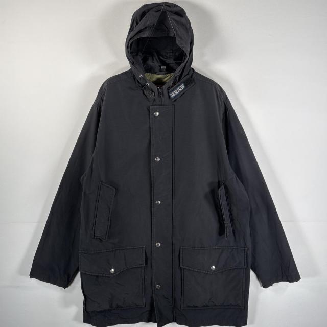 古着 90s/90年代 ウールリッチ WOOLRICH ナイロンコート ダブルジップ ワンポイントロゴ  長丈 フーディー フード紐 L  ブラック メンズ