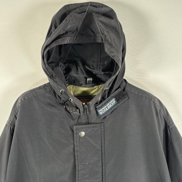 古着 90s/90年代 ウールリッチ WOOLRICH ナイロンコート ダブルジップ ワンポイントロゴ 長丈 フーディー フード紐 L ブラック メンズ_1