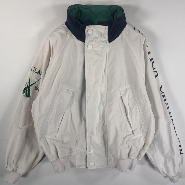古着 90s/90年代 ノーティカ NAUTICA ジャケット ブルゾン ビッグ刺繍ロゴ フルジップ 収納フード M  ホワイト マルチカラー メンズ