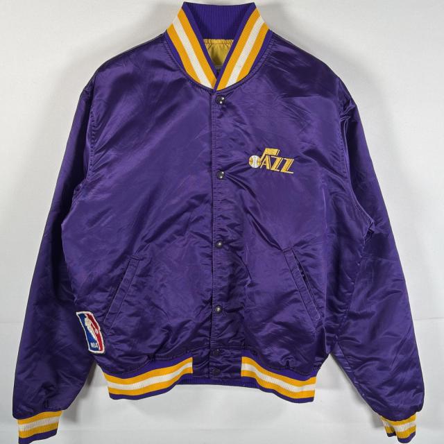 古着 スターター Starter USA製 ナイロンスタジャン NBA ワッペンロゴ ユタジャズ キルティングライナー チームロゴ L  パープル メンズ