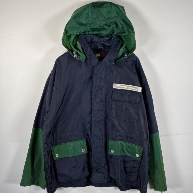 古着 90s/90年代 トミーヒルフィガー   ナイロンジャケット トミージーンズ フーディー ワッペン  大きいサイズ  ネイビー