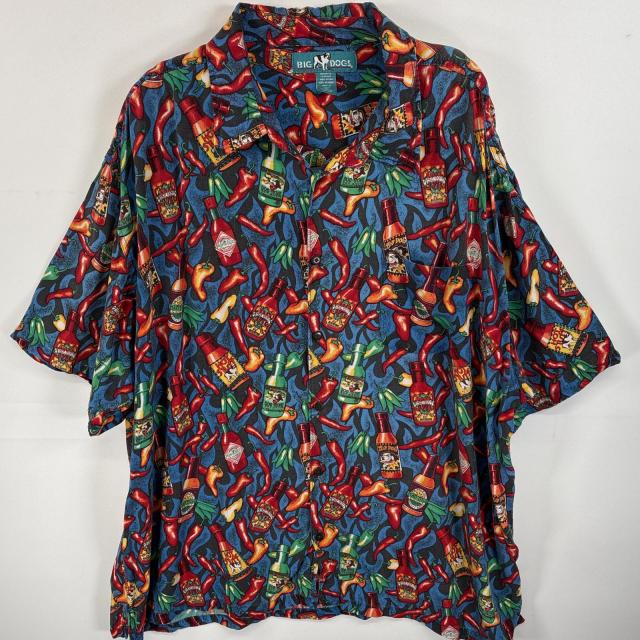 古着 ビックドッグ BIG DOGS 半袖シャツ 大きいサイズ レーヨンシャツ 柄シャツ 3X  ブルー系 総柄 メンズ