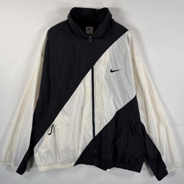 古着 90s/90年代 ナイキ NIKE ナイロンジャケット 大きいサイズ ワンポイントロゴ刺繍 スウッシュ XXL ホワイトブラック ツートン