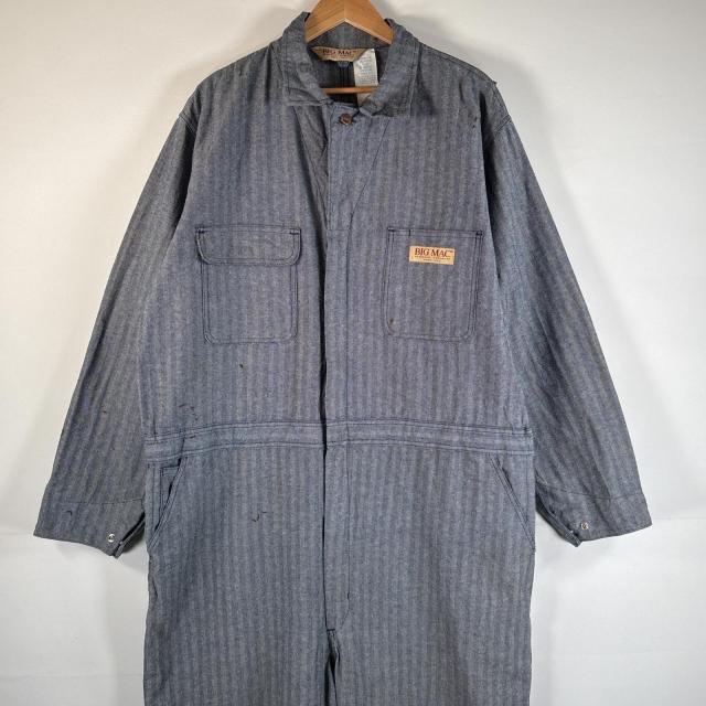 古着 80s/80年代 ヴィンテージ ビッグマック BIG MAC 長袖つなぎ オールインワン 大きいサイズ ヒッコリー ストライプ L  ブルー系