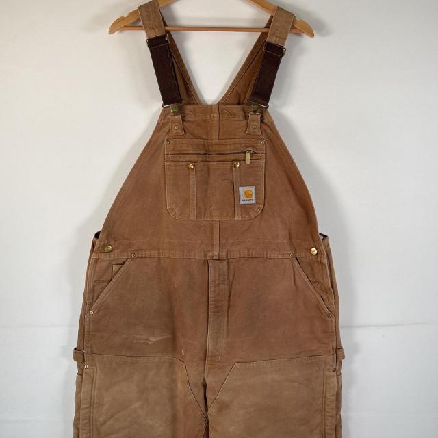 古着 カーハート Carhartt オーバーオール ダック ワンポイントロゴ 大きいサイズ ダブルニー ワーク 46x32  ブラウン系 メンズ