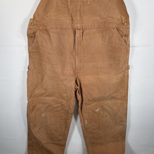 古着 カーハート Carhartt オーバーオール ダック ワンポイントロゴ サイドポケット ダブルニー 大きいサイズ キャメル メンズ