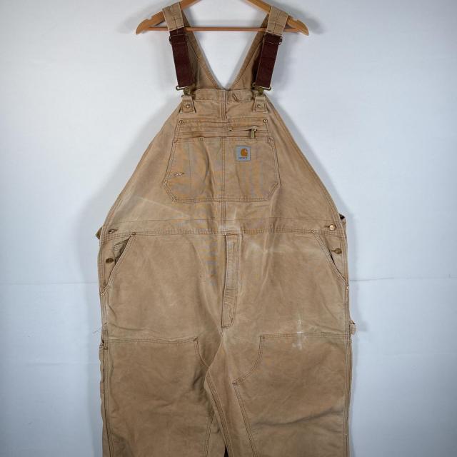 古着 カーハート Carhartt USA製 オーバーオール ダック ワーク ワンポイントロゴ  ダブルニー  大きいサイズ  w52 L34 キャメル メンズ