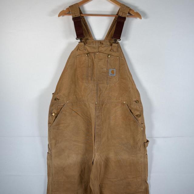 古着 カーハート Carhartt USA製 オーバーオール ダック ワーク ワンポイントロゴ  ダブルニー 大きいサイズ w44 L32 キャメル メンズ