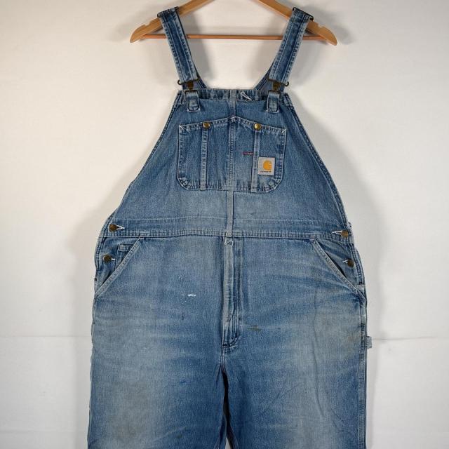 古着 カーハート Carhartt オーバーオール デニム ワーク ワンポイントロゴ  大きいサイズ ハンマーループ スパナポケット  ブルー系