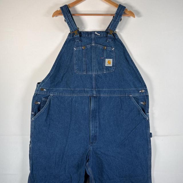 古着 カーハート Carhartt オーバーオール デニム ワーク ワンポイントロゴ 大きいサイズ ハンマーループ w50 L30  ブルー系 メンズ