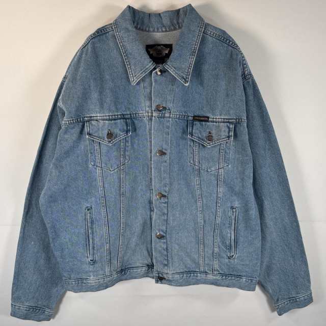 古着 ハーレーダビッドソン HARLEY DAVIDSON デニムジャケット バックプリント刺繍 大きいサイズ ビッグロゴ レザーパッチ XXXL ブルー系