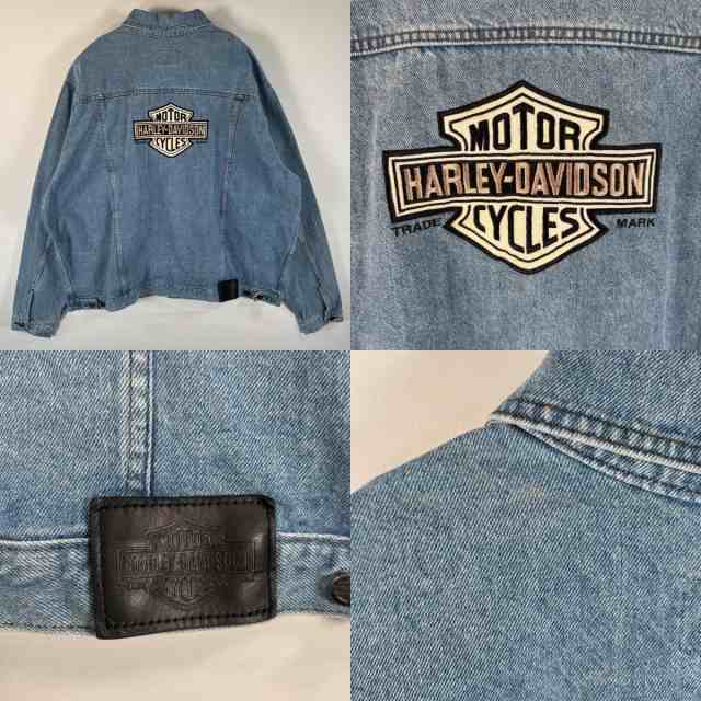 古着 ハーレーダビッドソン HARLEY DAVIDSON デニムジャケット バックプリント刺繍 大きいサイズ ビッグロゴ レザーパッチ XXXL ブルー系